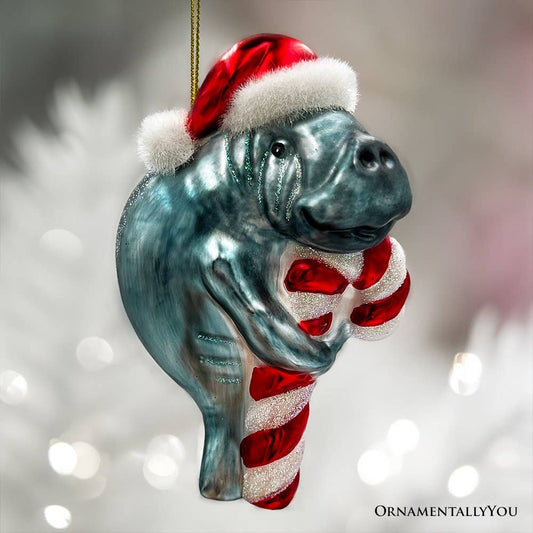 Aquatic Manatee Glass Christmas Ornament, Sea Cow Coastal