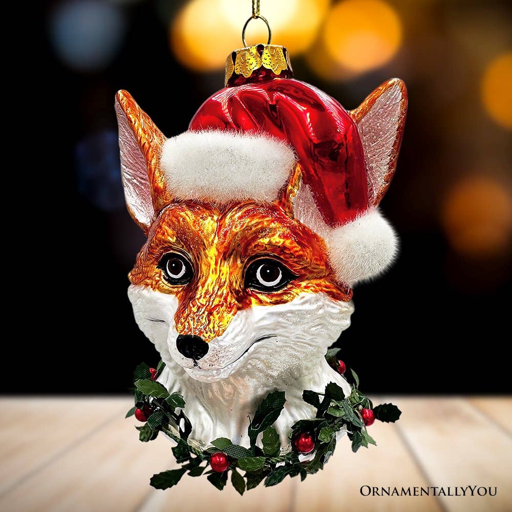 Fox with Santa Hat Glass Christmas Ornament, Woodland Animal
