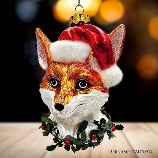 Fox with Santa Hat Glass Christmas Ornament, Woodland Animal