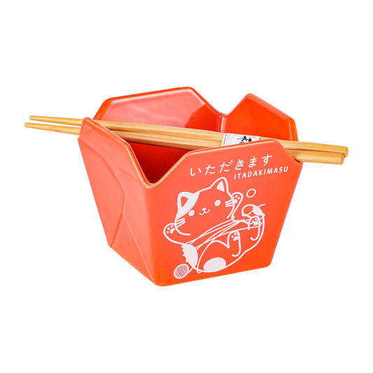 16oz 5"W x 4"H Takeout Box Serving Bowl With Chopsticks Cat Itadakimasu (1/24)