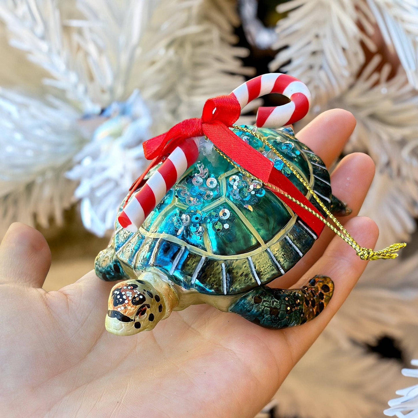 Nautical Gift Wrapped Sea Turtle Glass Christmas Ornament