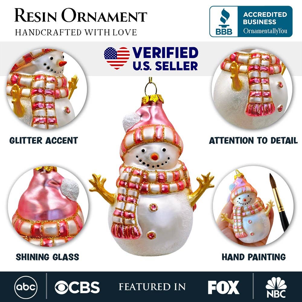 Pink Snowman Glass Ornament, Eclectic Christmas Tree Décor
