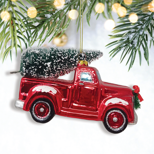 Traditional Red Truck Ornament with Ornamental Tree Glass