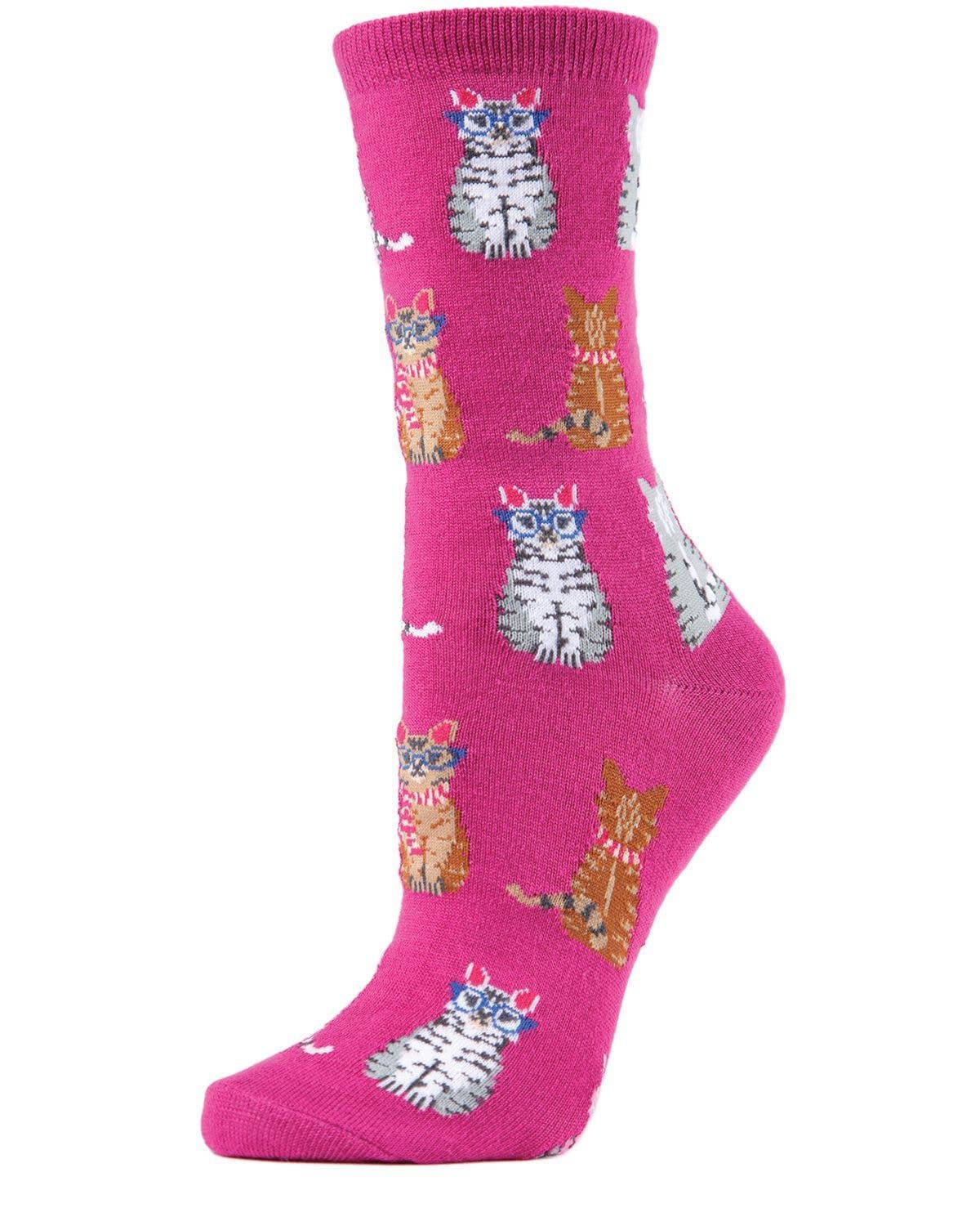 MeMoi Studious Cats Bamboo Blend Crew Socks