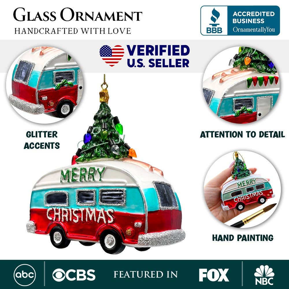 Camping RV Glass Christmas Ornament, Camper Trailer
