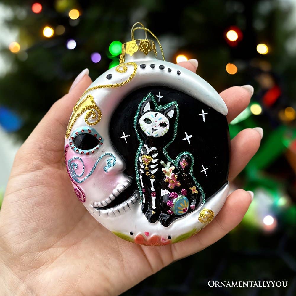 Folkloric Siamese Cat Sugar Skull Glass Ornament