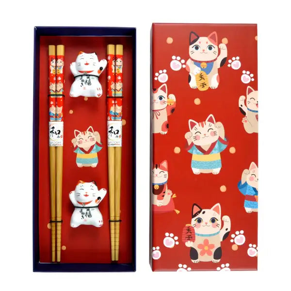 Lucky Cat Neko 2 Pair Chopsticks and Rests Git Set (1/100)